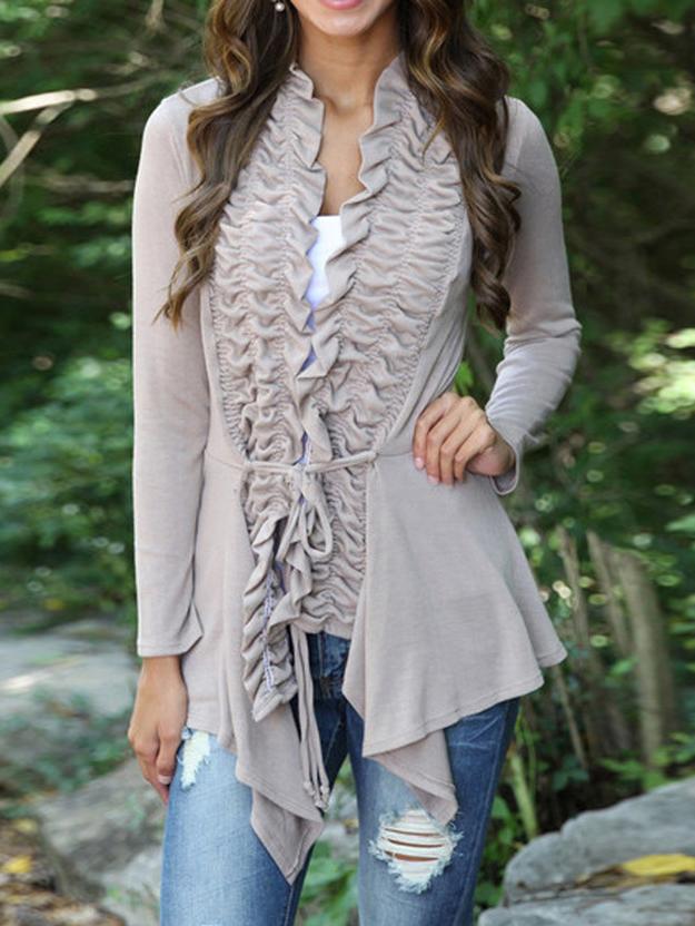 Romwe Grey Asymmetric Hem Pleated Lace Up Cardigan Coats