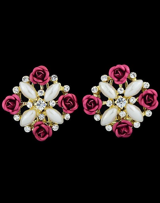 Romwe Red Flower Diamond Stud Earrings