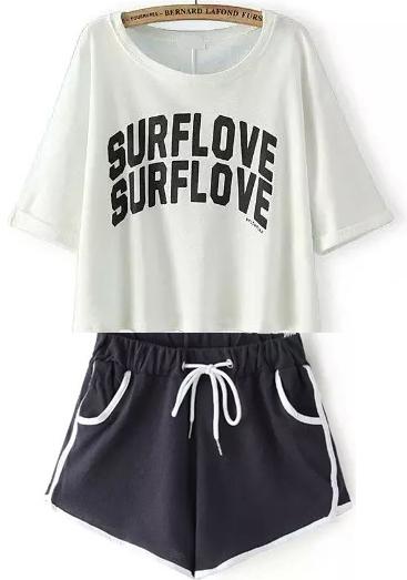 Romwe Letter Print Top With Drawstring White Shorts