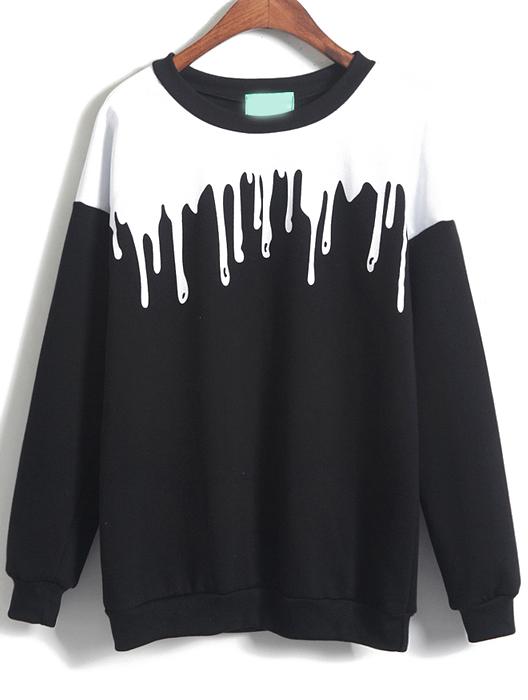 Romwe Color Block Loose Black Sweatshirt