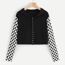Romwe Contrast Checkerboard Single Breasted Hooded Tee