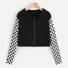 Romwe Contrast Checkerboard Single Breasted Hooded Tee