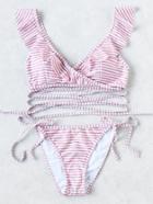 Romwe Striped Ruffle V Neck Strappy Bikini Set