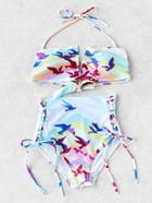 Romwe Bird Print Side Lace Up High Waist Bikini Set
