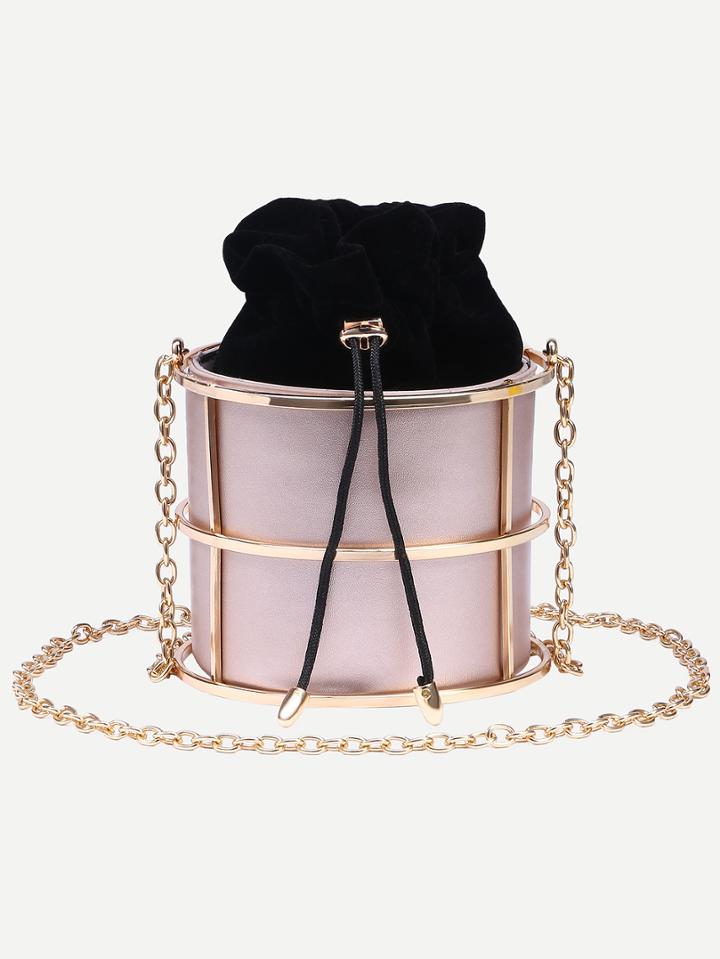 Romwe Pink Drawstring Closure Caged Chain Bag