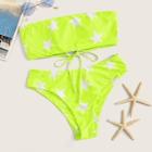 Romwe Neon Lime Star Print Lace-up Bandeau Bikini Set