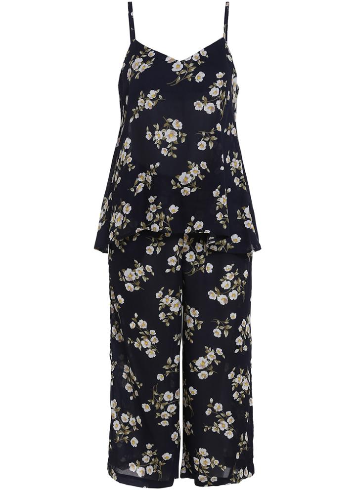 Romwe Spaghetti Strap Cami Top With Flower Print Chiffon Pant