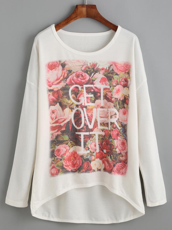 Romwe White Flower Print High Low T-shirt