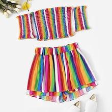 Romwe Lettuce Frill Shirred Colorful Striped Top With Shorts
