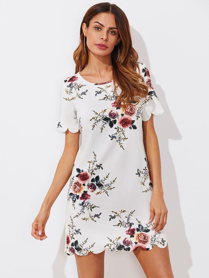Romwe Scallop Trim Botanical Print Tunic Dress