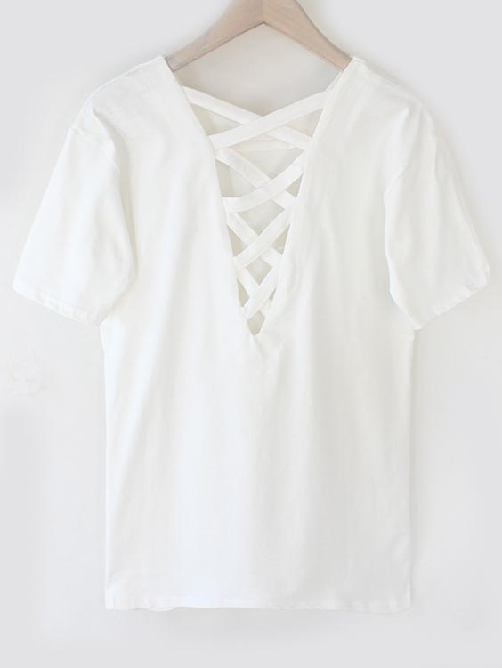 Romwe Lattice Back Plain White T-shirt