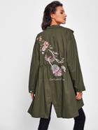 Romwe Rose Embroidered Army Green Coat