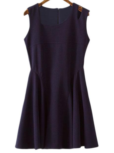 Romwe Navy Sleeveless Zipper Back Cut Out Skater Dress