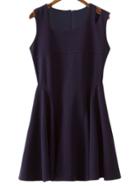 Romwe Navy Sleeveless Zipper Back Cut Out Skater Dress