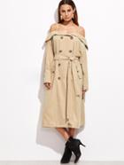 Romwe Khaki Foldover Cold Shoulder Belted Trench Coat