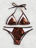 Romwe Mesh Insert Metallic Triangle Bikini Set