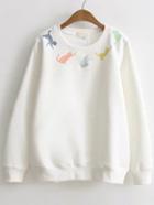 Romwe White Cat Embroidery Ribbed Trim Sweatshirt