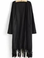 Romwe Open Front Tassel Pockets Black Coat