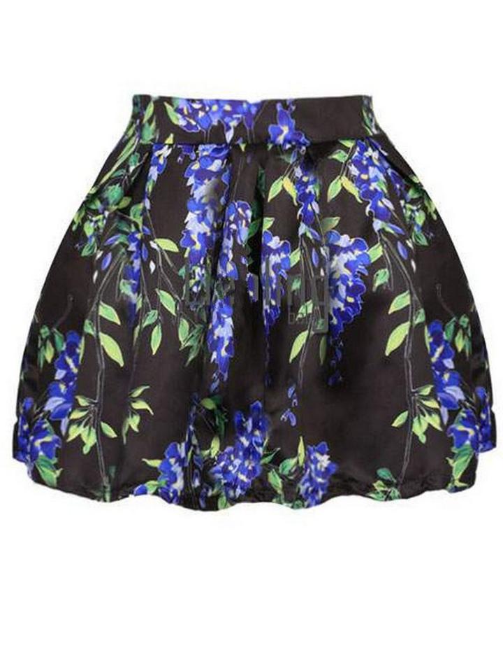 Romwe Floral Print In Black Pleated Mini Skirt
