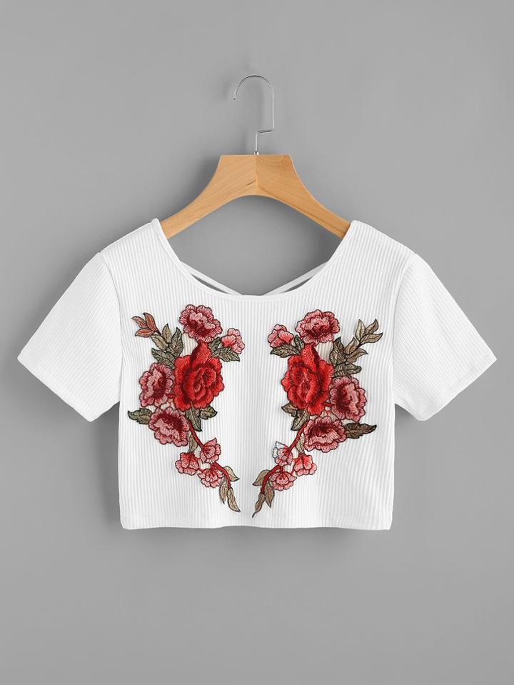 Romwe Rose Applique Criss Cross Back Ribbed Crop Tee