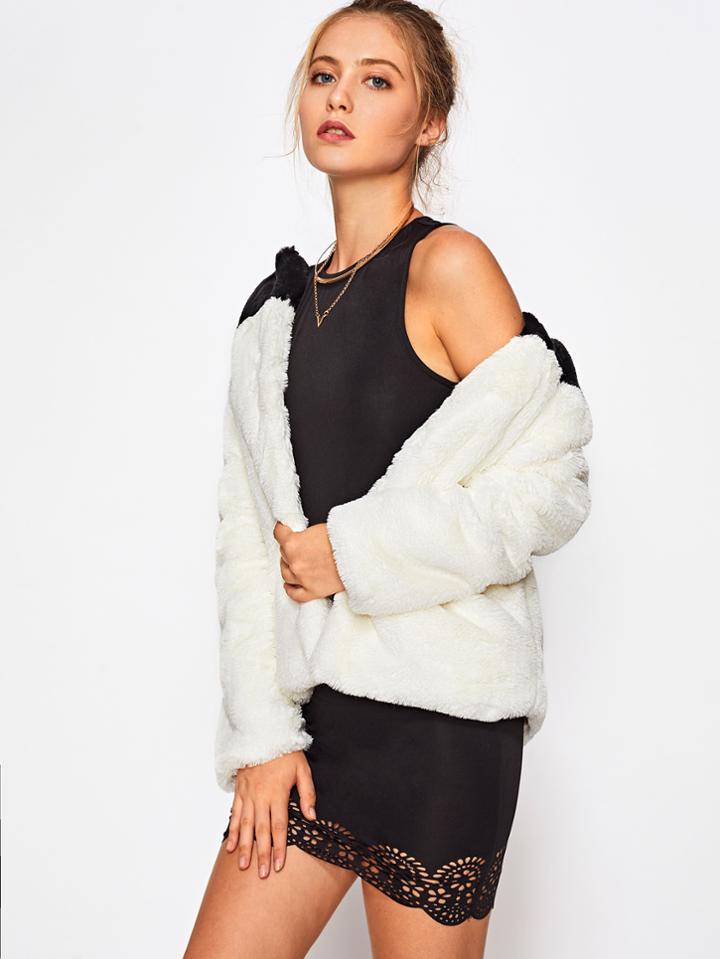 Romwe Two Tone Faux Fur Open Front Coat