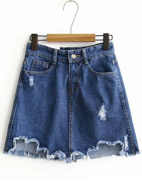 Romwe Blue Raw Hem A Line Denim Skirt