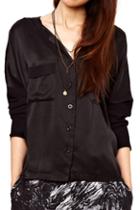 Romwe Pokcted Black Long Sleeved Shirt