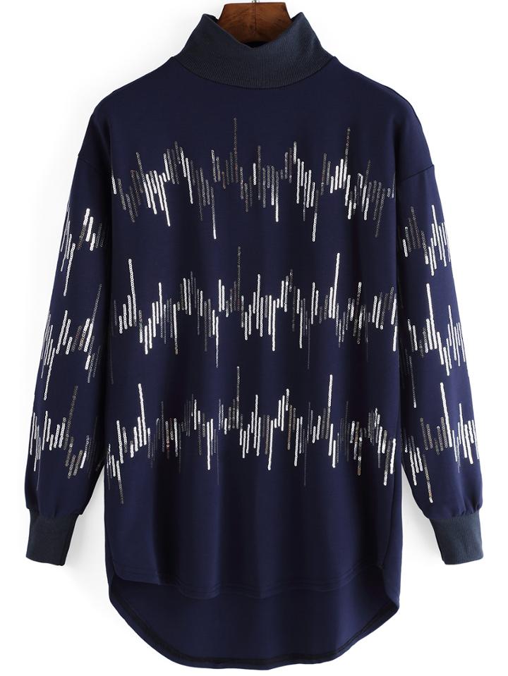 Romwe High Low Mock Neck Sequined Navy Sweatshirt