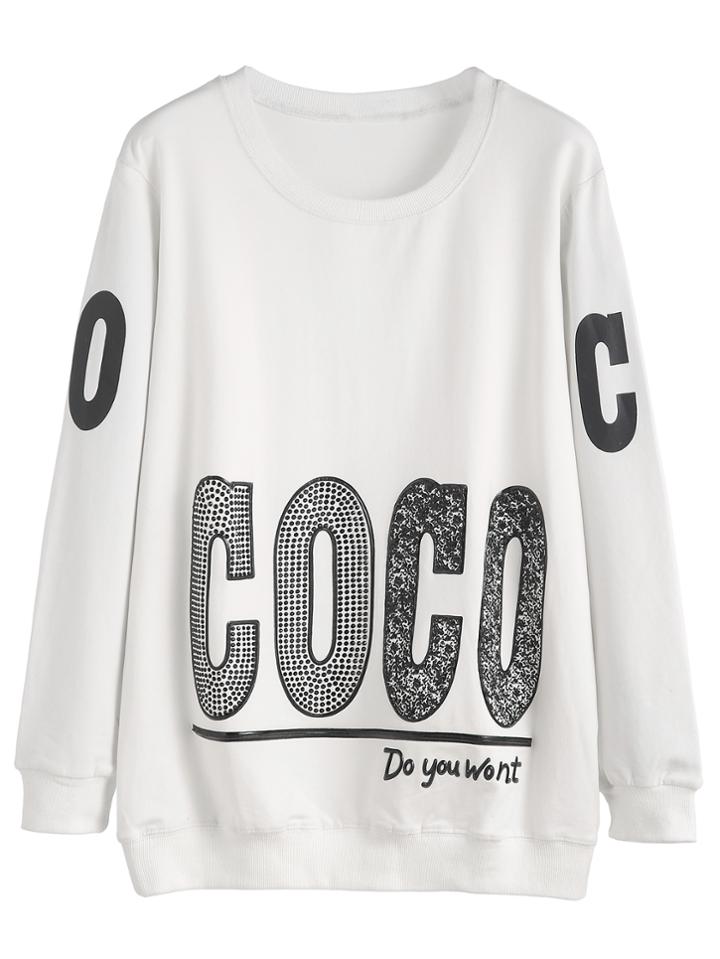 Romwe White Letter Print Rhinestone Sweatshirt