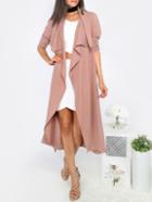 Romwe Coffee Lapel Tie Waist Long Sleeve Outerwear