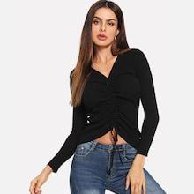 Romwe Drawstring Front V Neck Solid Jumper