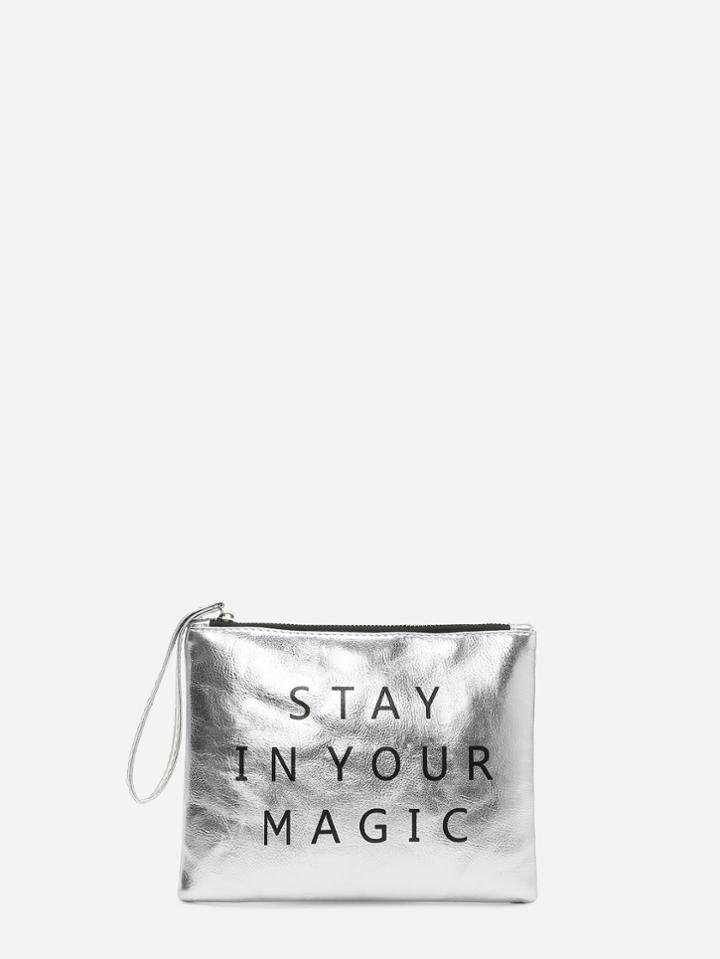 Romwe Letter Print Pu Clutch Bag