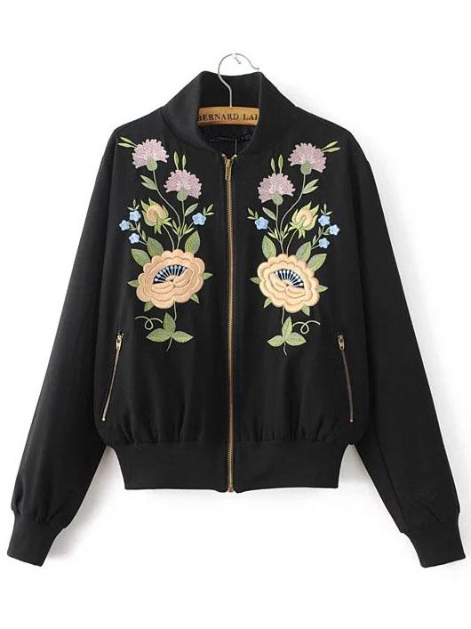 Romwe Black Flower Embroidery Bomber Jacket With Zipper