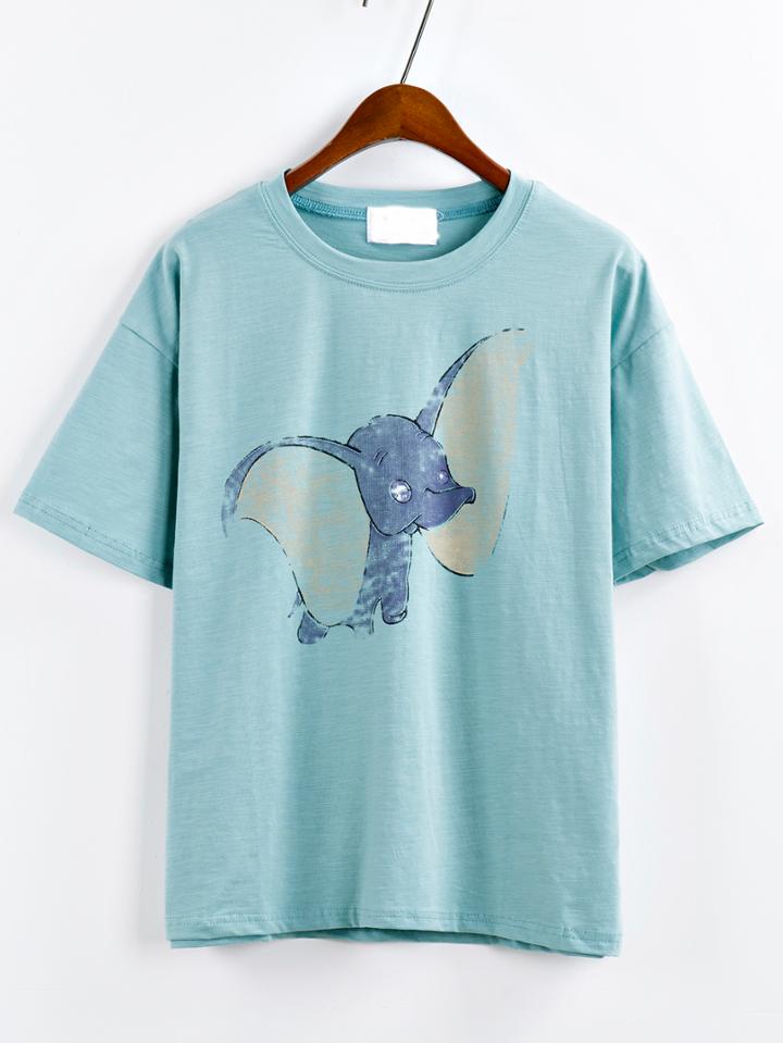 Romwe Green Elephant Print T-shirt