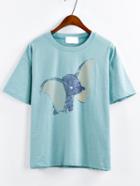 Romwe Green Elephant Print T-shirt
