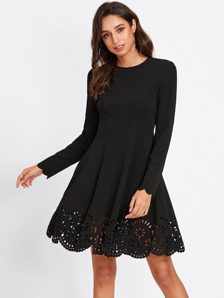 Romwe Scallop Laser Cut Hem Fit & Flare Dress