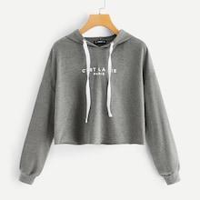 Romwe Drop Shoulder Letter Crop Drawstring Hoodie