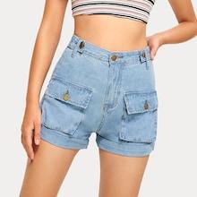 Romwe Roll Hem Pocket Side Denim Cargo Shorts