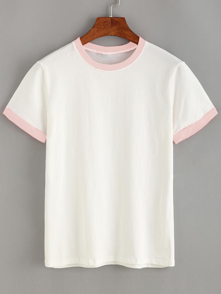 Romwe Contrast Trim Plain T-shirt - Pink