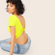 Romwe Neon Yellow Twist Open Back Crop Top