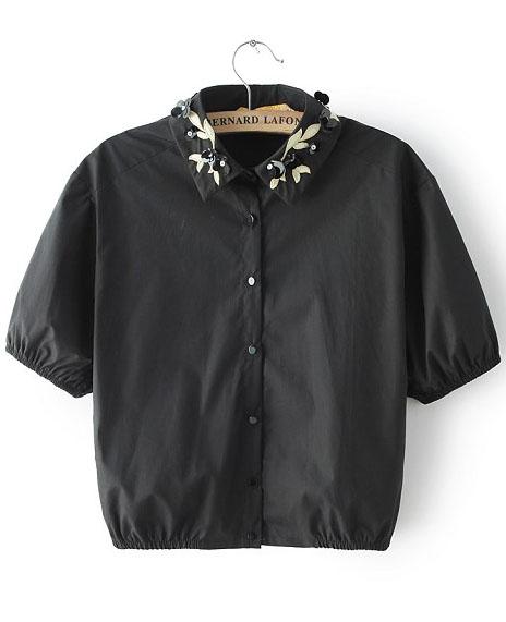 Romwe Black Lapel Embroidered Bead Crop Blouse