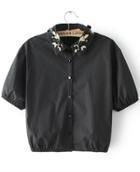 Romwe Black Lapel Embroidered Bead Crop Blouse