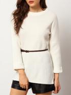 Romwe Dip Hem Belt Split Side White Sweater
