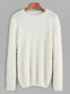 Romwe White Drop Shoulder Fuzzy Sweater
