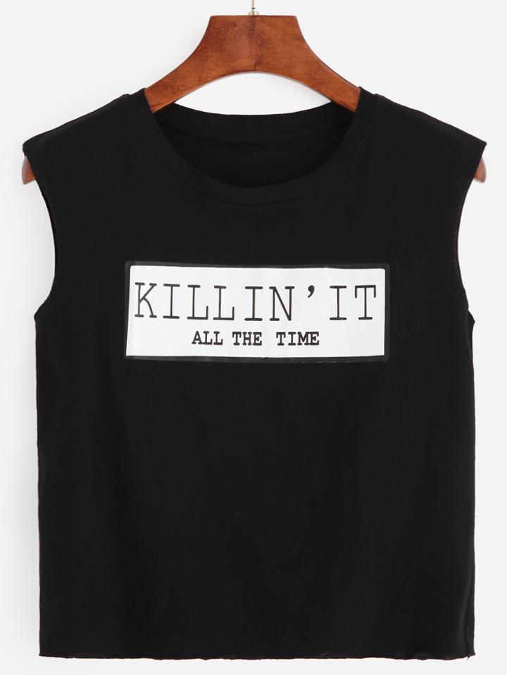 Romwe Black Letter Print Sleeveless T-shirt