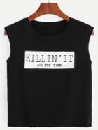 Romwe Black Letter Print Sleeveless T-shirt