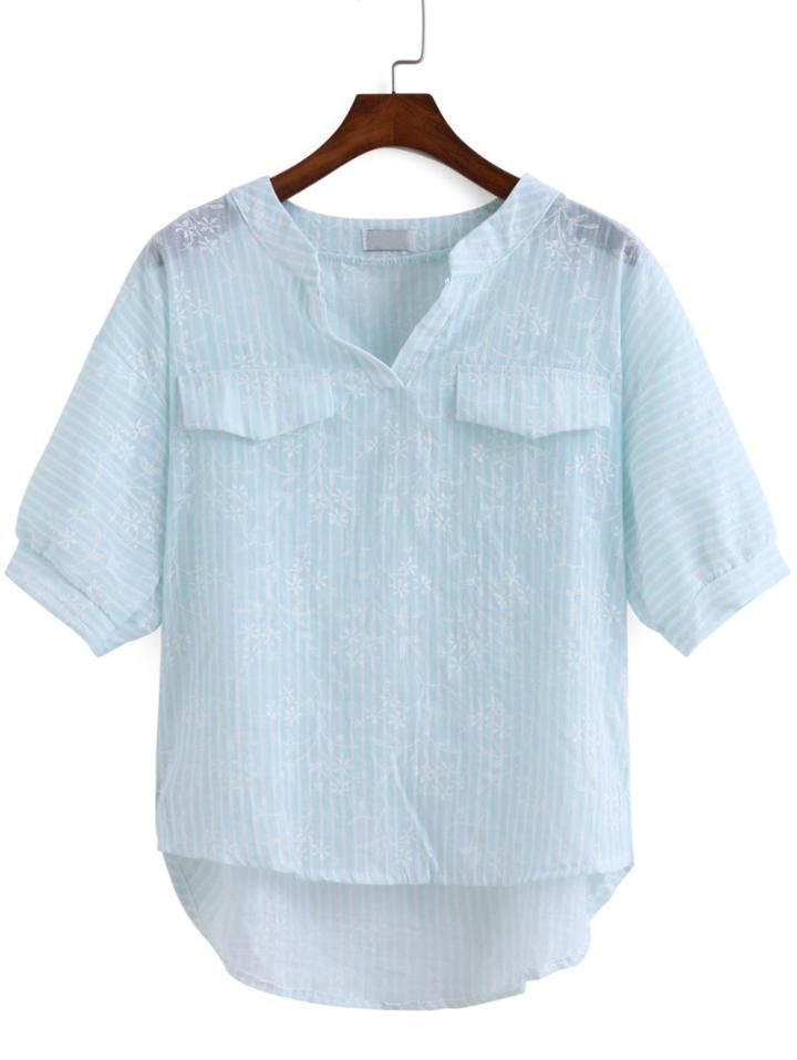 Romwe V Neck Dip Hem With Pockets Blouse