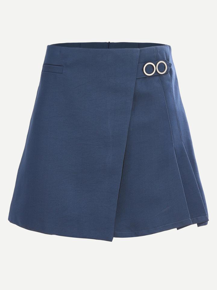 Romwe Navy Pleated Ring Accent A-line Skirt