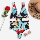 Romwe Random Leaf Print Cut-out High Waist Bikini