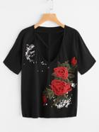 Romwe Embroidered Applique Strappy Neck Tee